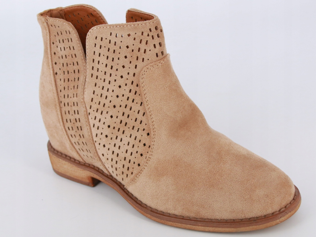WIOSENNE BOTKI DAMSKIE AŻUROWE BUTY Z WYCIĘCIEM ZAMSZOWE KHAKI BRĄZ 41 Oryginalne opakowanie producenta pudełko