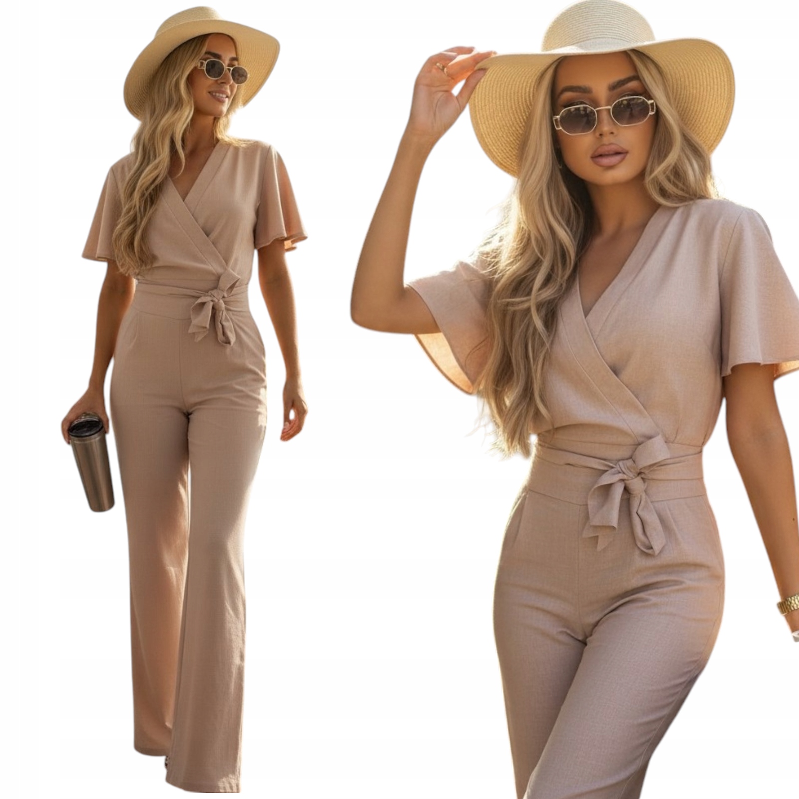 Komplet damski bluzka spodnie Polska produkcja Len & wiskoza Beżowy XL