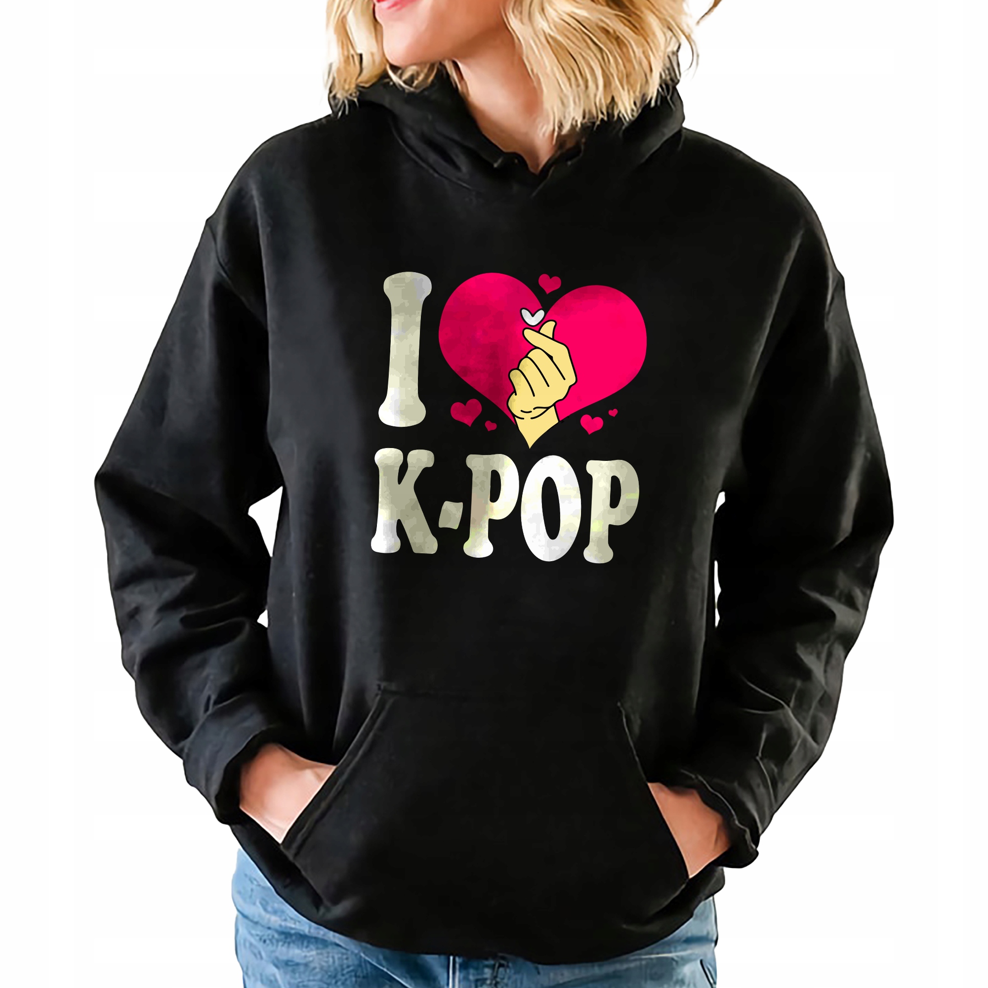 Mikina S Kapucí Černá I Love K-pop Korea Japonsko Mnoho vzorů Velikost S