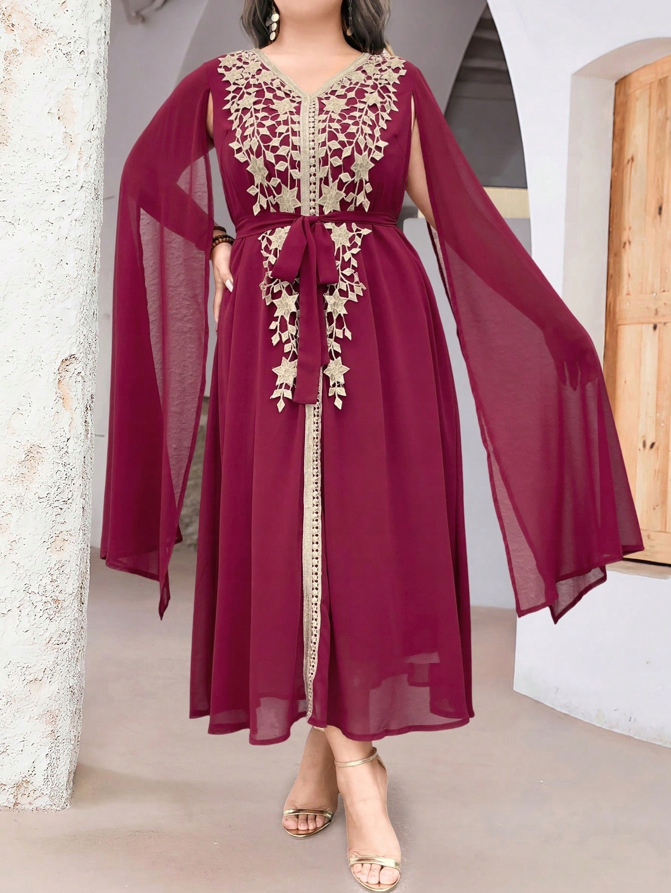 Šaty S Pláštěnkovými Rukávy Vínová Shein XXL 44