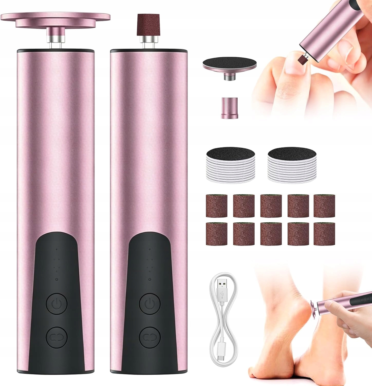 Frezarka Do Pięt i Paznokci 2w1 Różowa 6 Prędkości 30 Końcówek 1200mAh Usb