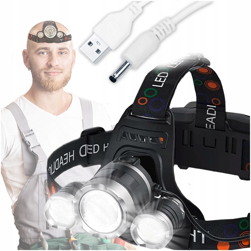 Mocna Latarka Czołowa Na Głowę Czołówka Akumulatorowa Lampa Led Cob Usb Pro