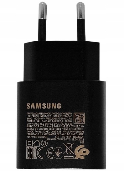 SUPER SZYBKA ŁADOWARKA SAMSUNG 25W USB-C + KABEL 1M TYP-C GALAXY ORYGINALNA Kod producenta EP-TA800EBE DA705BBE