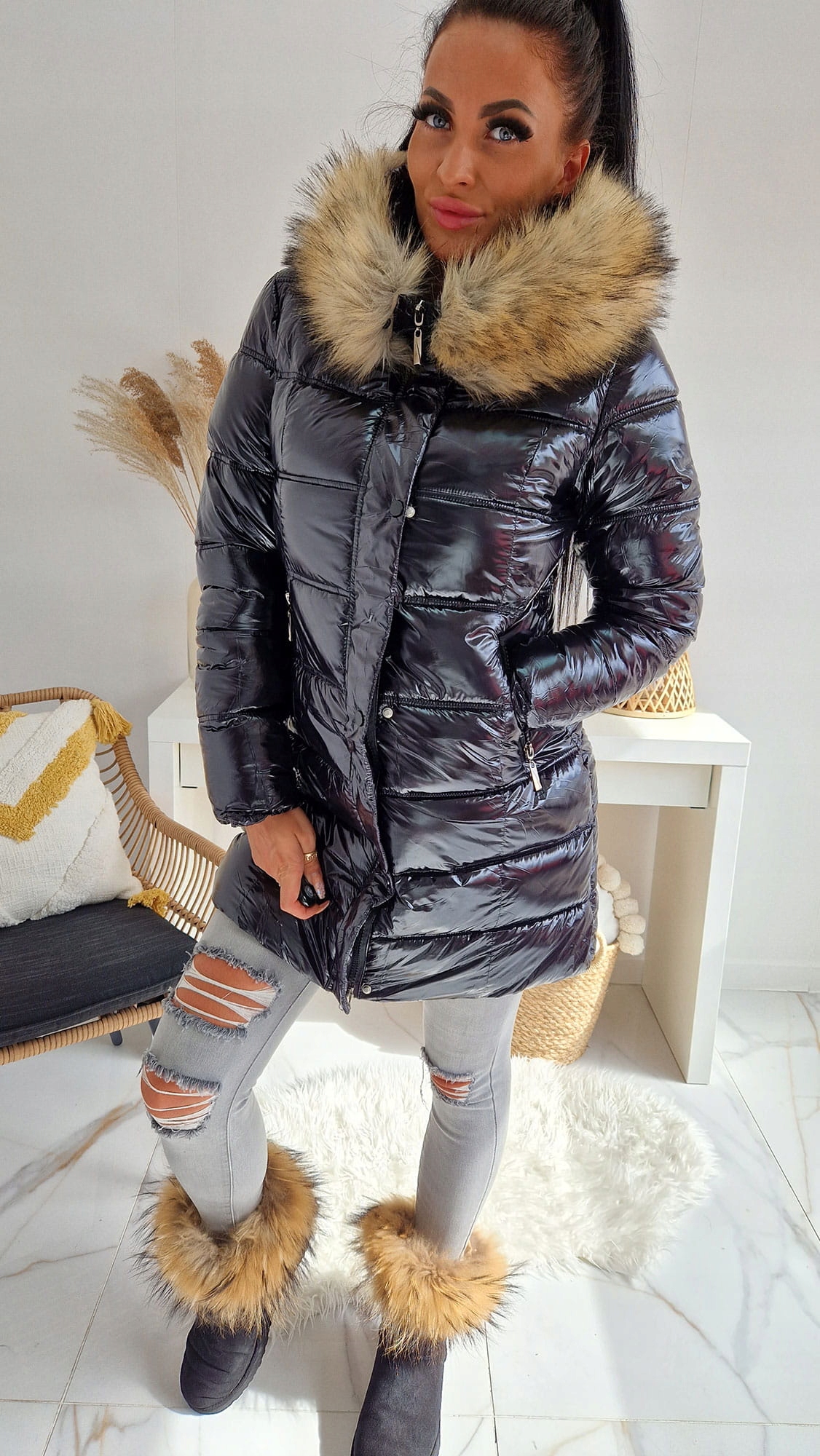 ZIMOWA KURTKA PŁASZCZ LEXUS W POŁYSKU - CZARNA S Kaptur z kapturem