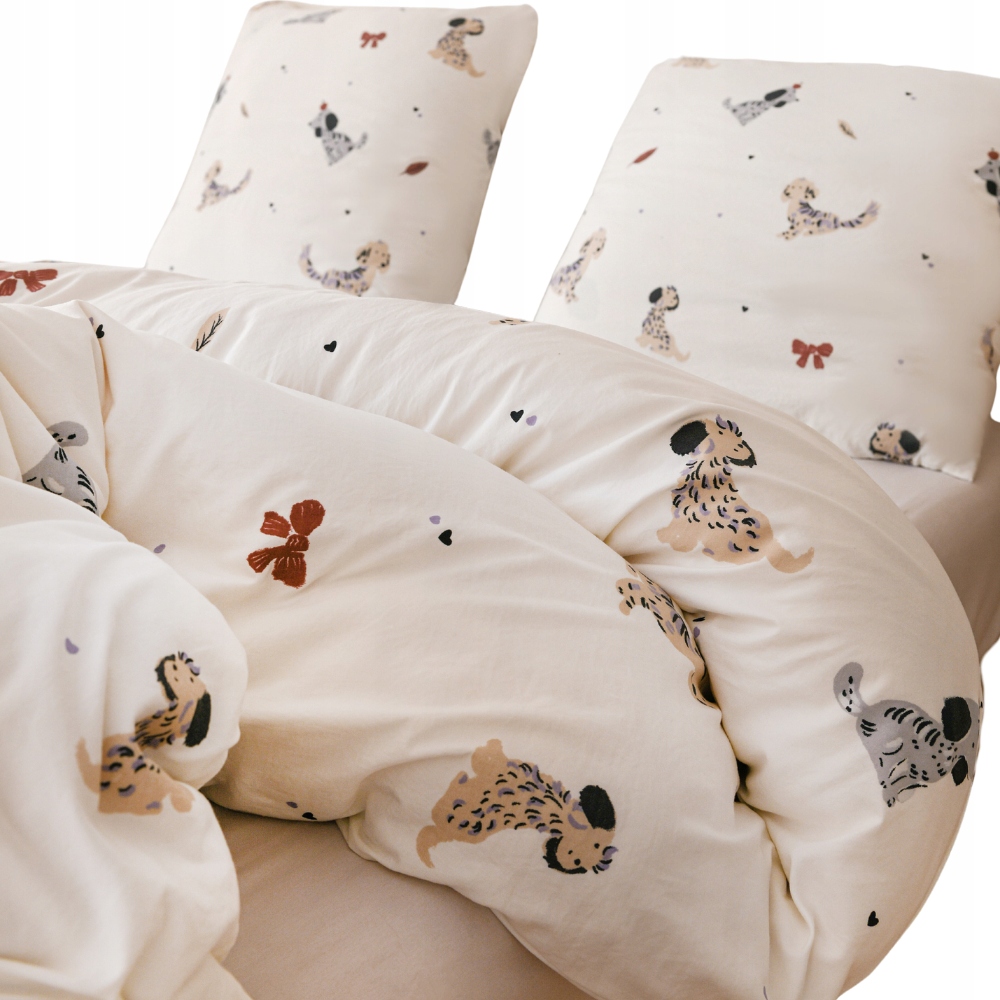 Pościel 200x220 poszewki biała w pudelki pieski kokardki modna komplet