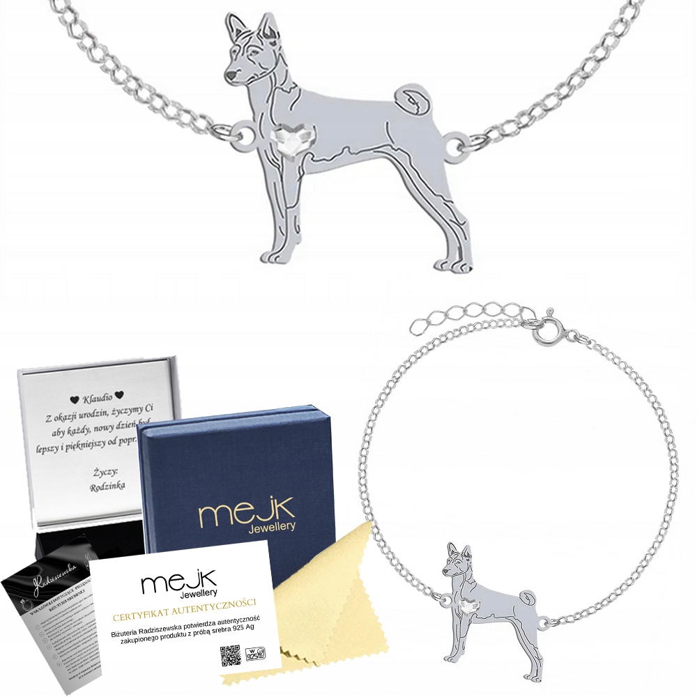 Stříbrný náramek se psem plemene Basenji 925 Řetízek Šperky Gravírování