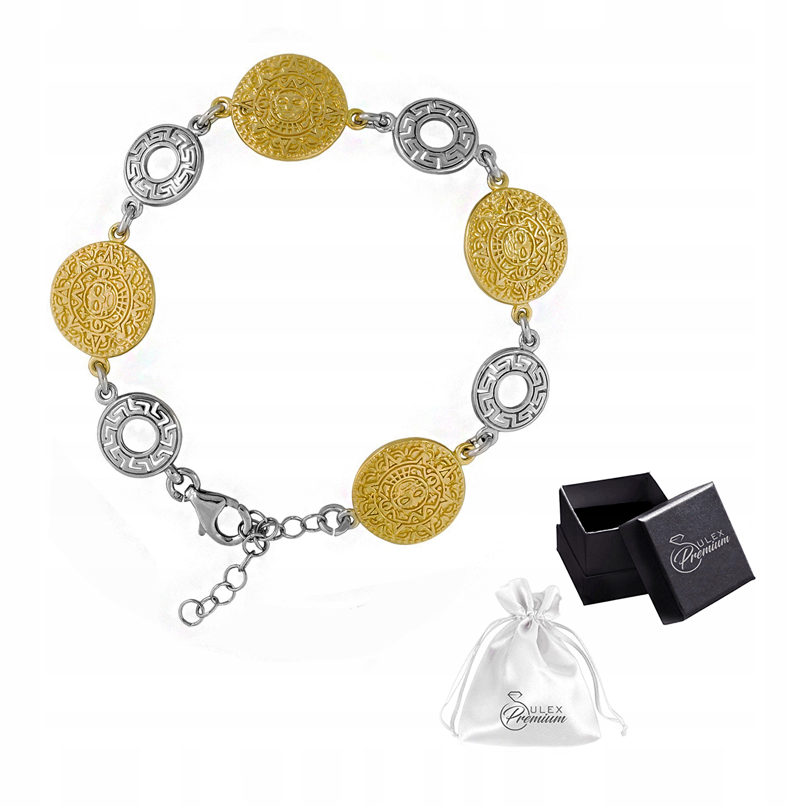 Stříbrný náramek ryzost 925 Elegantní Rhodiovaný a Pozlacená Kalendář Aztéků