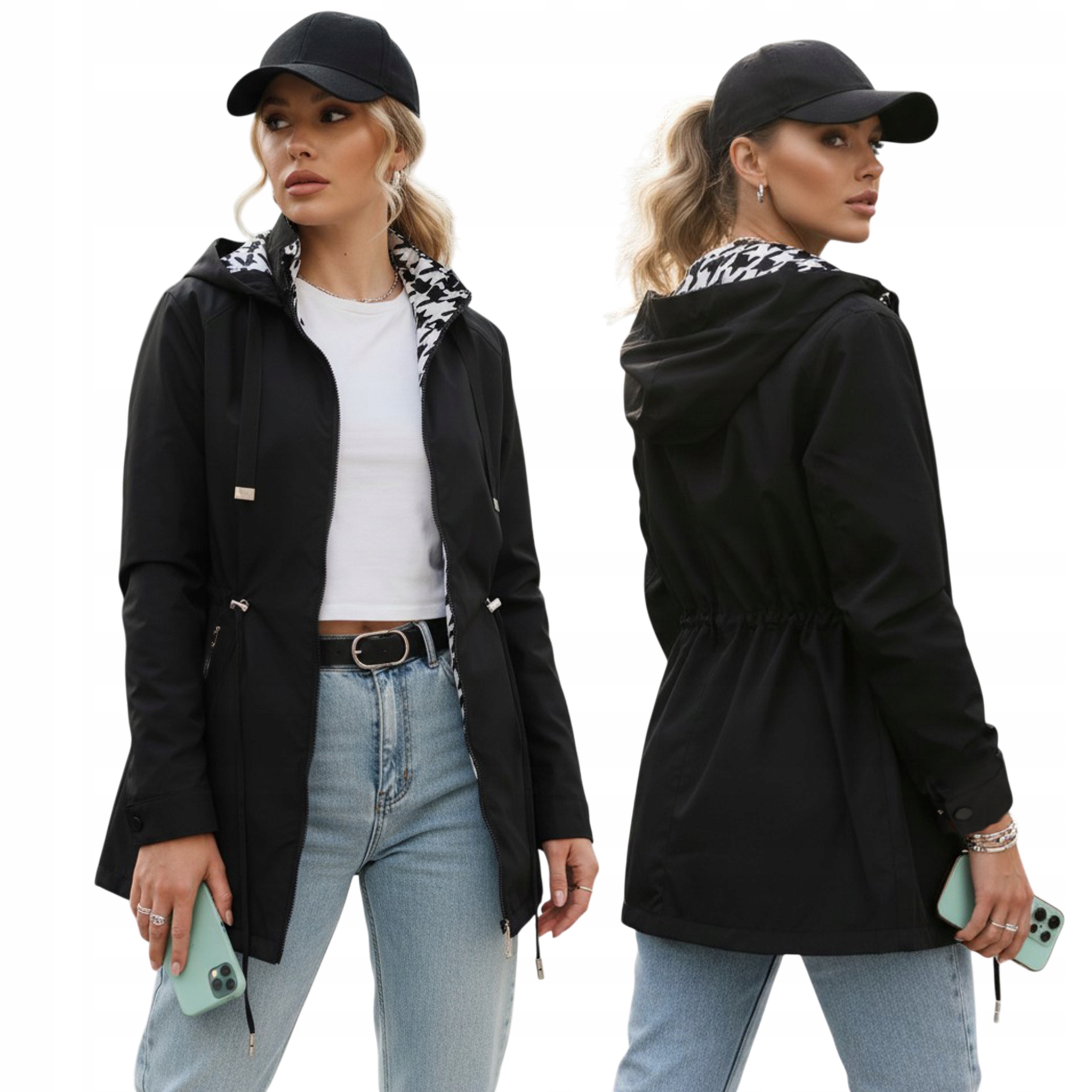 Kurtka damska parka z wzorzystą podszewką z kapturem czarna TY5570 M