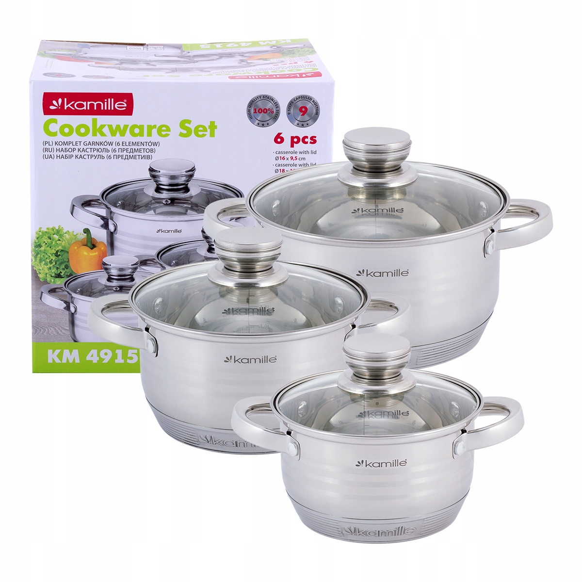 Ocelové Hrnce Na Indukci sada 3 Hrnců s poklicemi Kamille