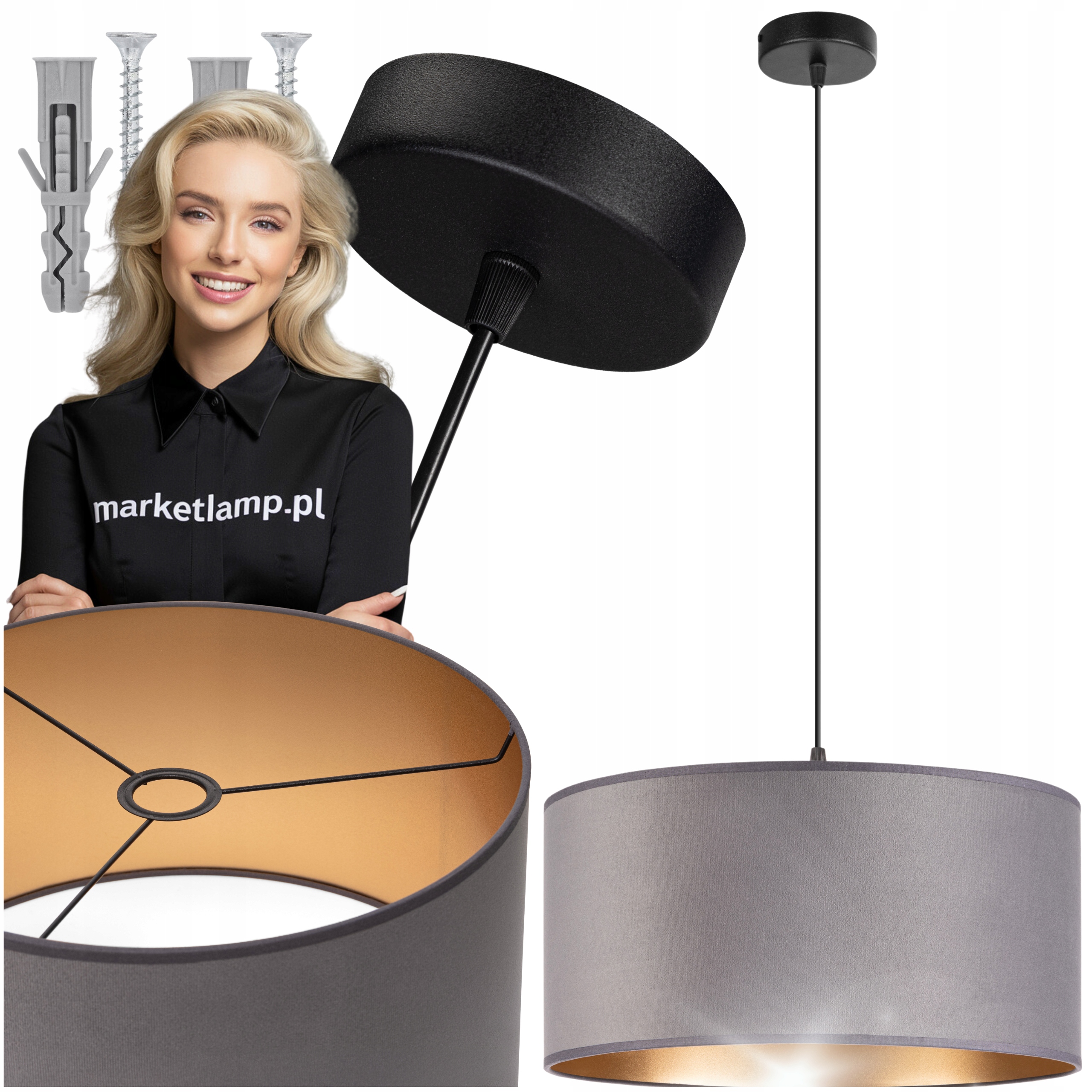 Lampa wisząca Pojedyncza Loft maxi Abażur Welur szary złoty