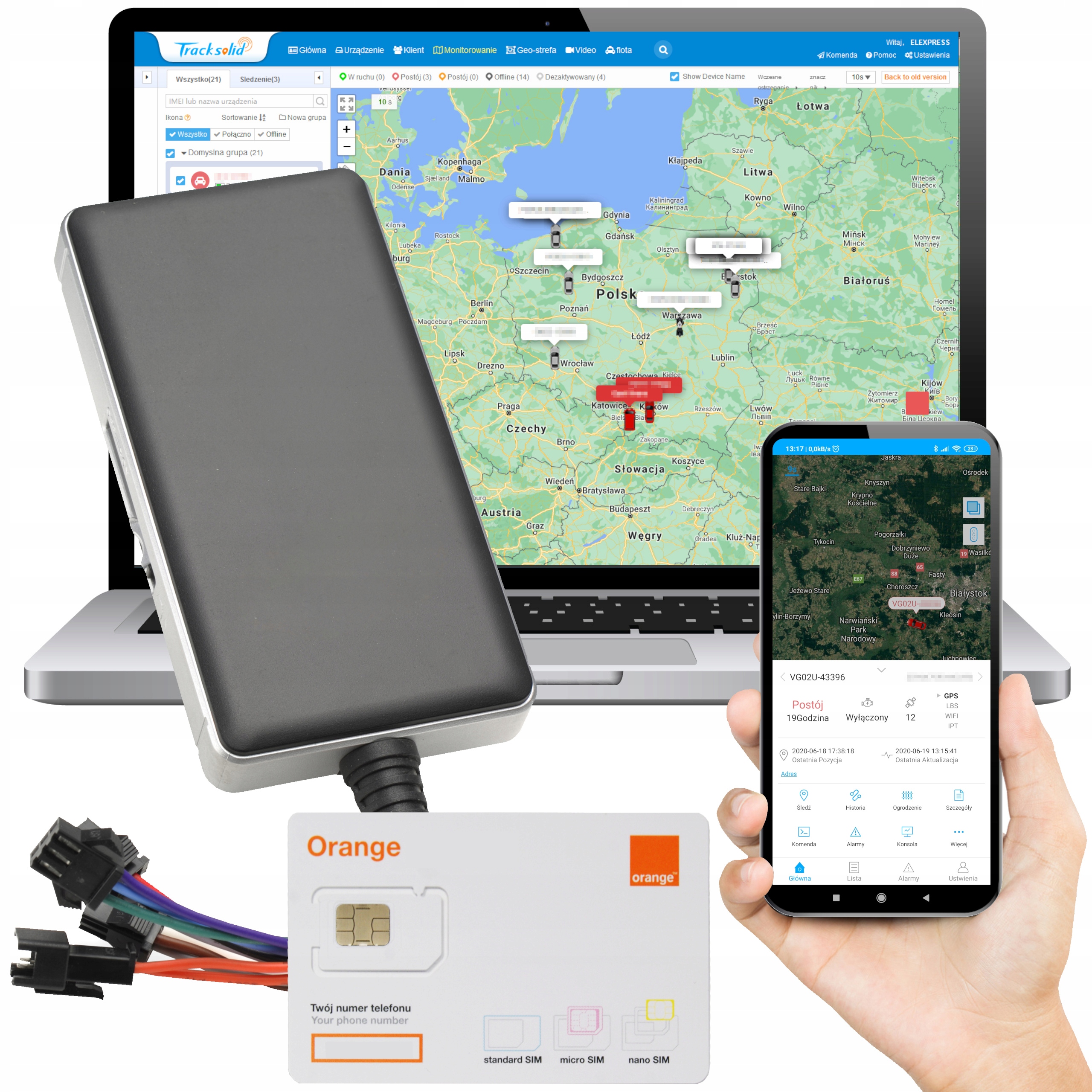 Lokalizator GPS Podsłuch Samochód Auto Platforma Tracksolid Pro Karta SIM