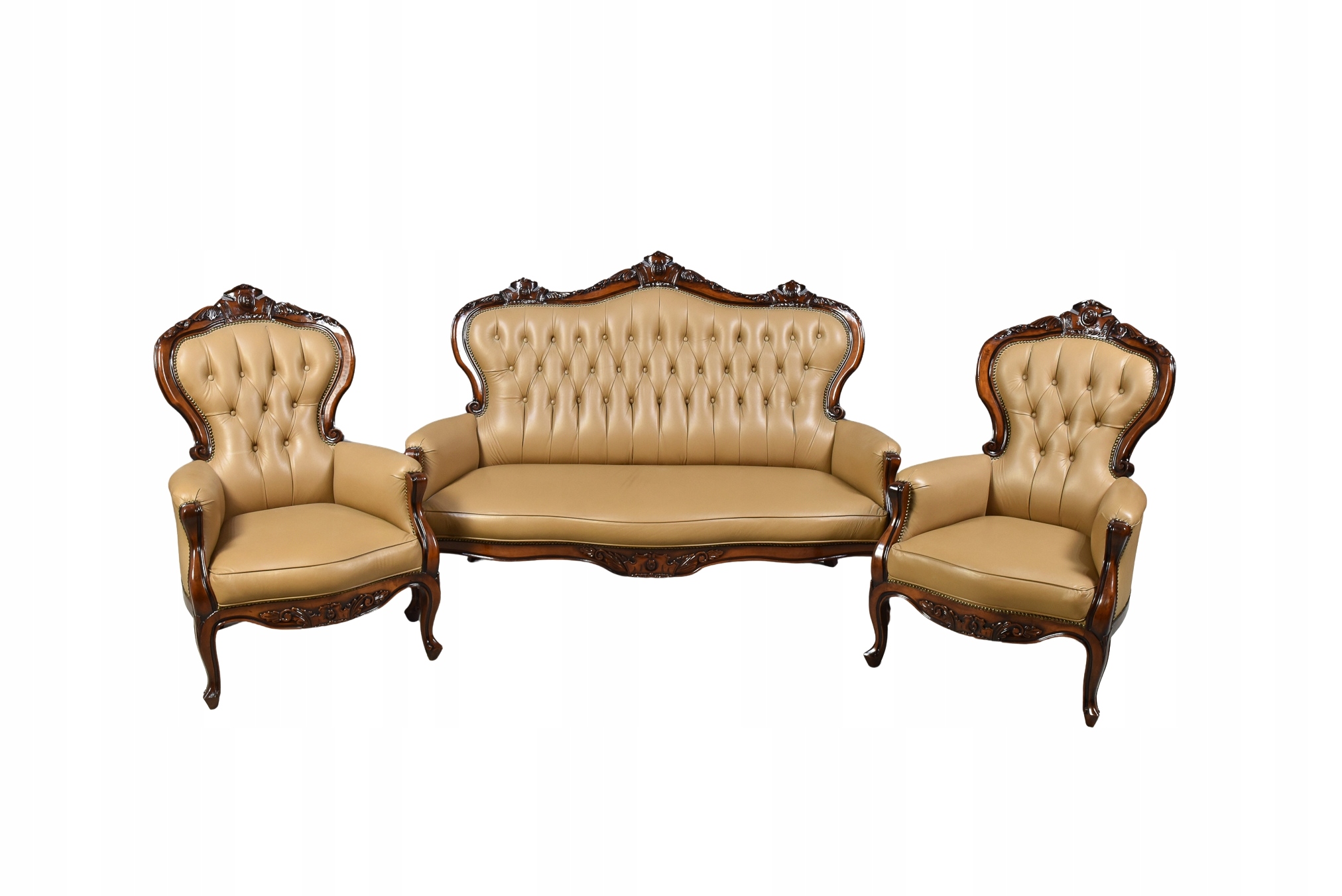 UNIKATOWY KOMPLET SOFA DWA FOTELE SKÓRZANA TAPICERKA ORZECHOWA KONSTRUKCJA