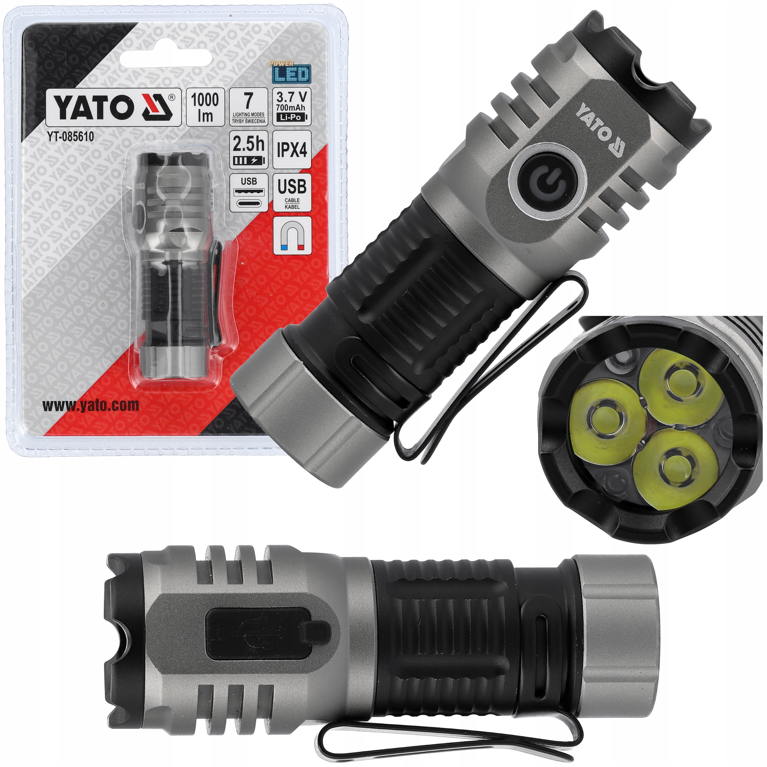 Latarka Akumulatorowa Yato Power Led 10W 1000LM 7 Trybów Aluminiowa Obudowa