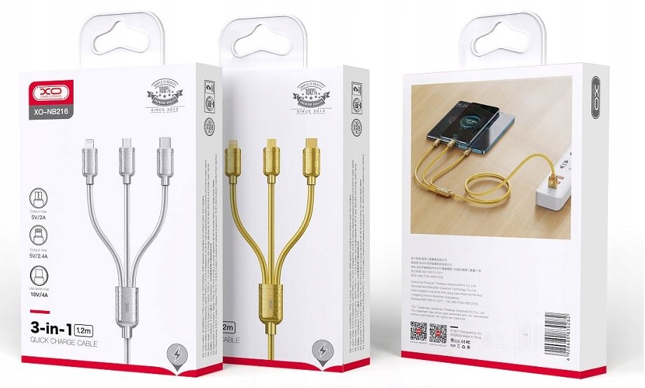 Kabel 3w1 USB-Lightning + USB-C + microUSB 1,2m 2,1A do iphona Smartfona Długość przewodu 1.2 m