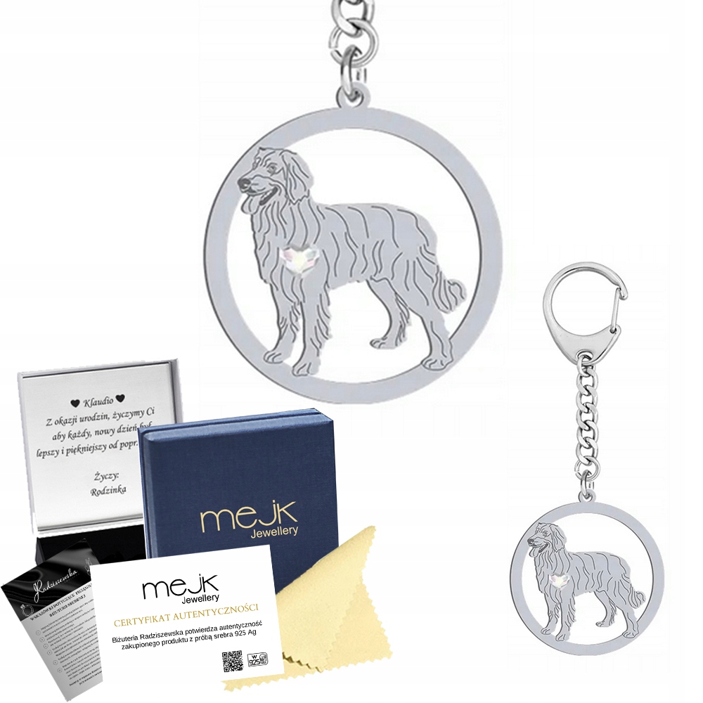 Přívěsek Na Klíče Stříbrný se psem Hovawart 925 Šperky Dárek Žena Gravírování Bonus