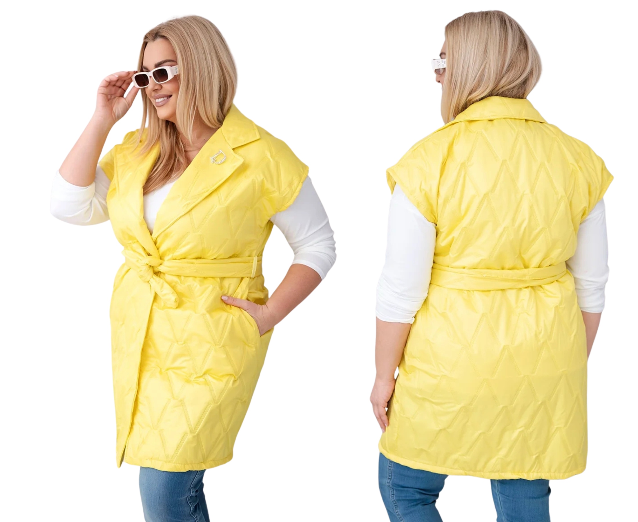Žlutá dámská vesta Plus Size je elegantní prošívaná s páskem