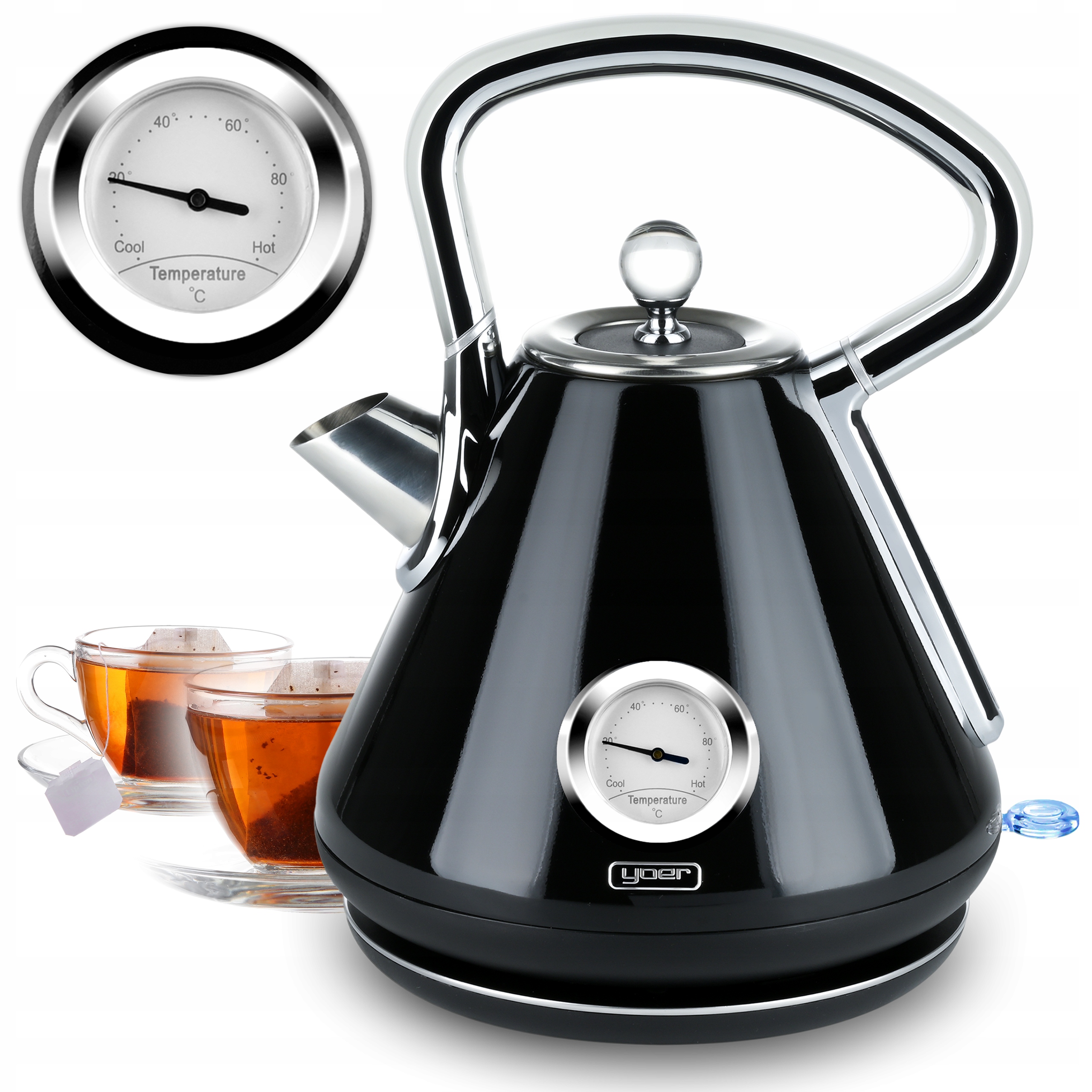 Czajnik elektryczny Bezprzewodowy Yoer 1,7L 3000W czarny/chrom +termometr