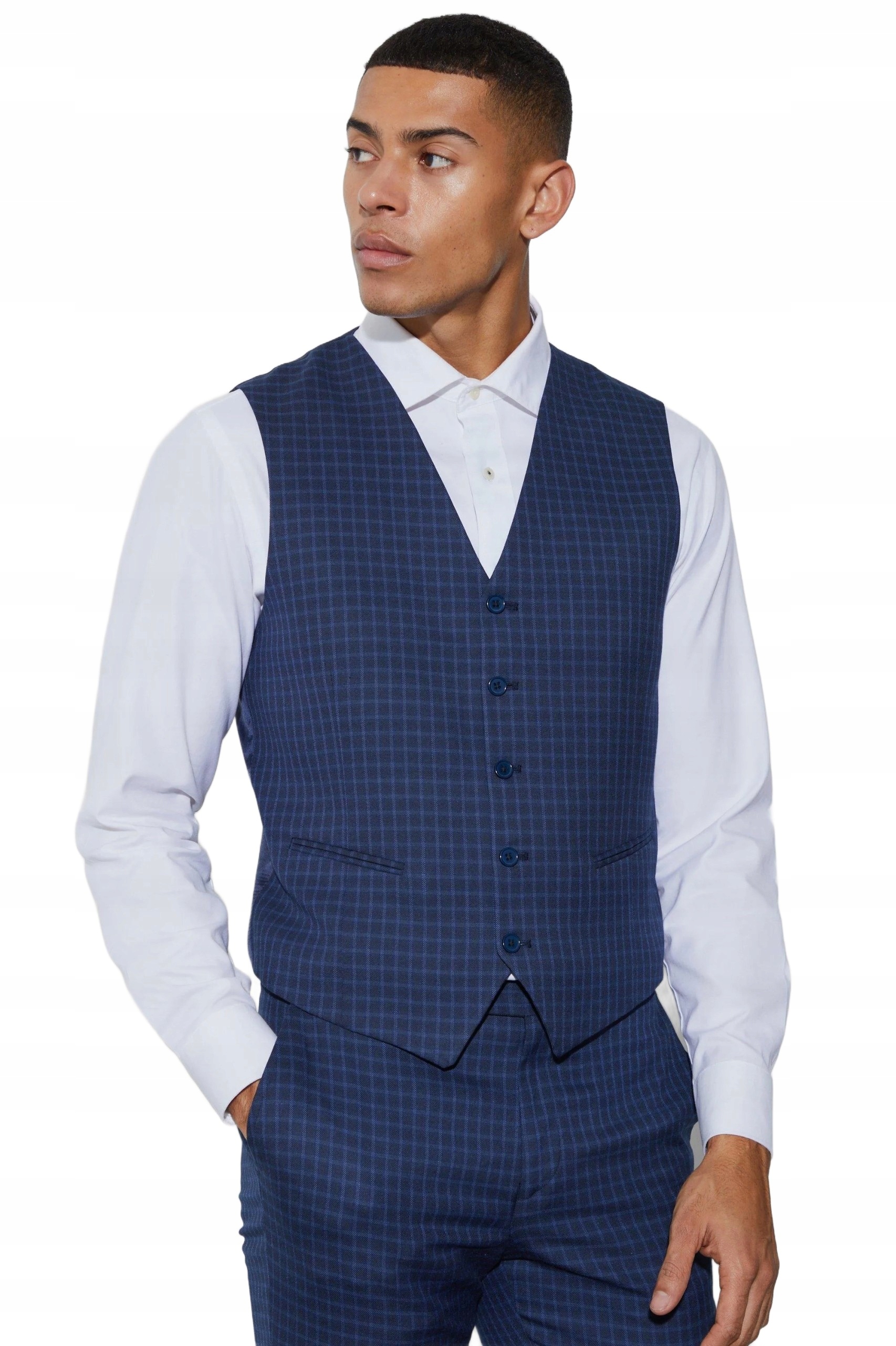 Boohooman Pánská Tmavě Modrá Kostkovaná Obleková Vesta Elegantní 38 Z3A