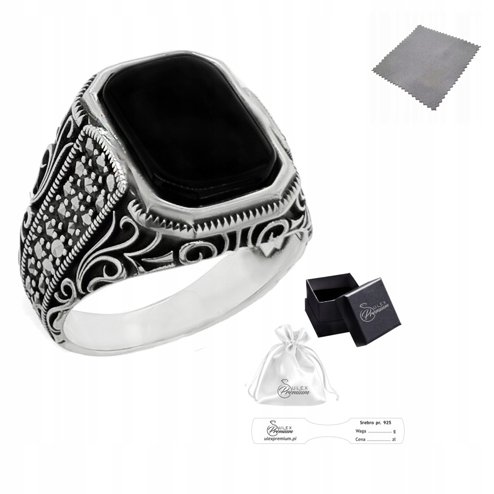 Stříbrný prsten ryzost 925 Elegantní prsten s onyxem a markýzami vel.