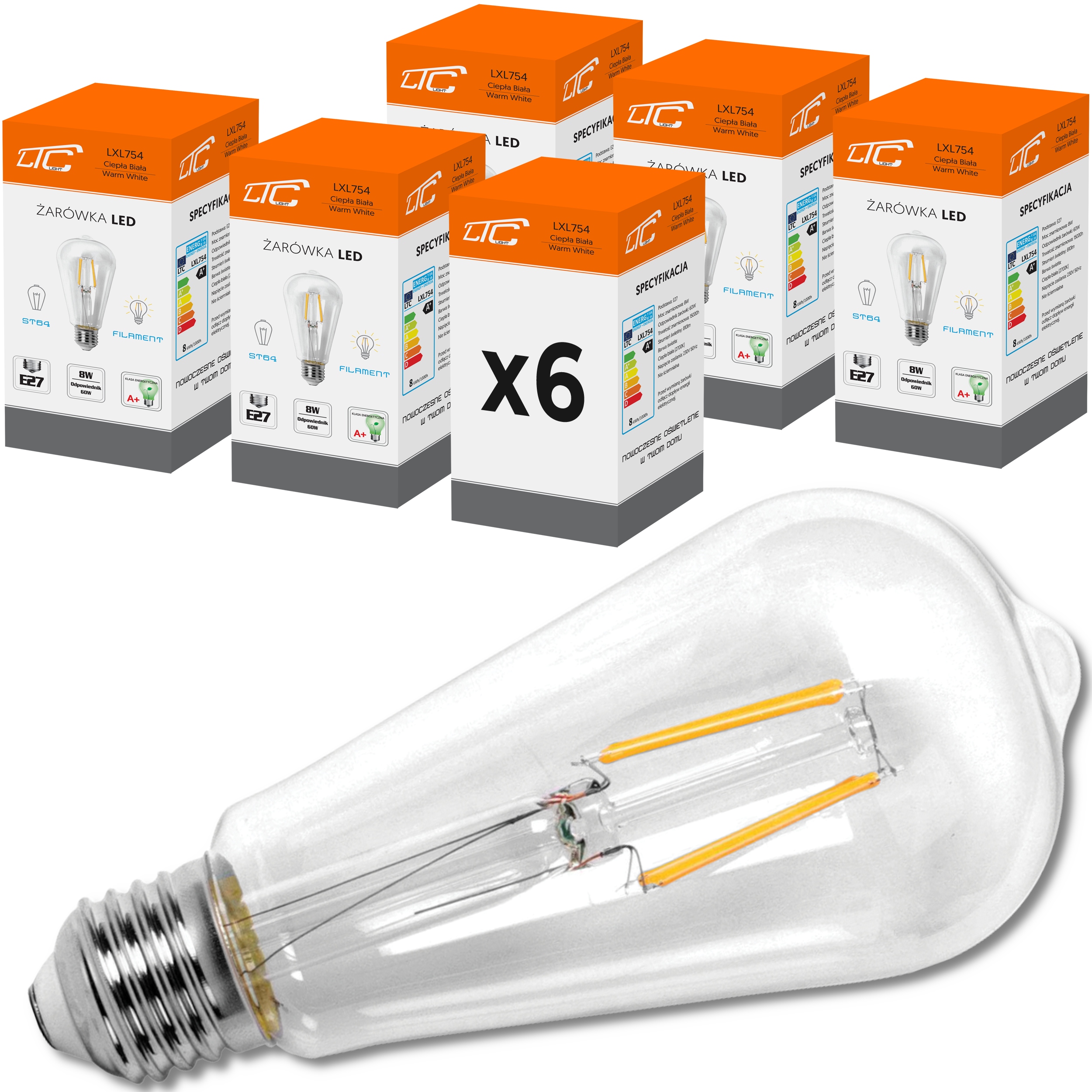

Pakiet 6x Żarówka Led Ciepła E27 8W=60W Filament