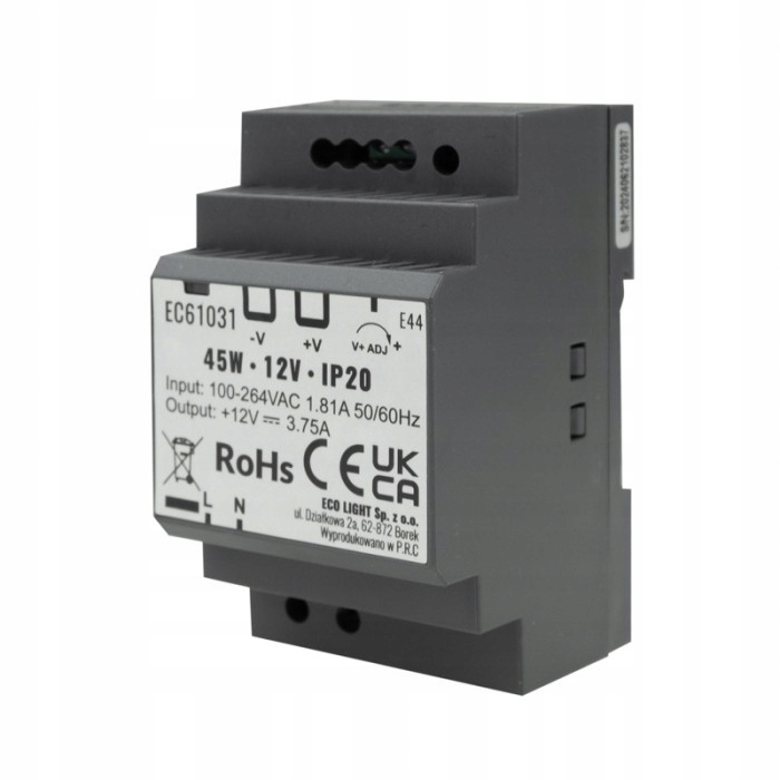 ZASILACZ NA SZYNĘ DIN 45W 12V TRANSFORMATOR DO DOMOFONÓW TAŚM LED 12V IP20