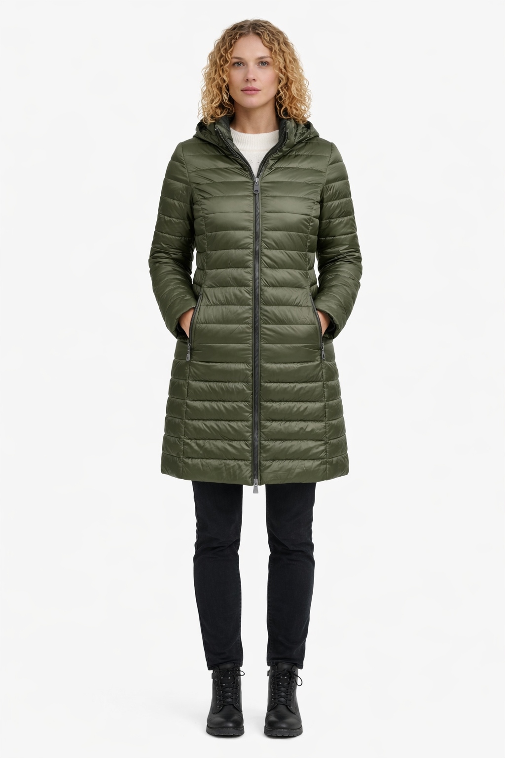 Zelená Prošívaná Bunda S Kapucí Ke Kolenům XL I3A