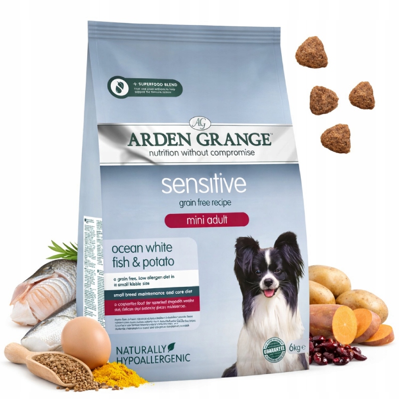 sucha karma dla psa bez zbóż Arden Grange Mini Sensitive 6 kg białe ryby Uk