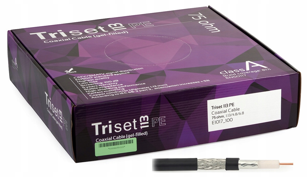 Przewód antenowy żelowany 75 Om TRISET-113 PE 100m