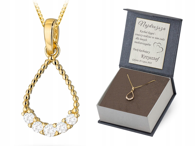 Zlatý Komplet pr. 585 Řetízek 50 cm Přívěsek Lžička Zirkony 14k Gravírování