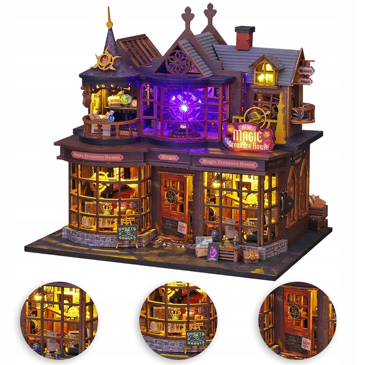 Zestaw Diy drewniany domek magiczny brązowy z Led