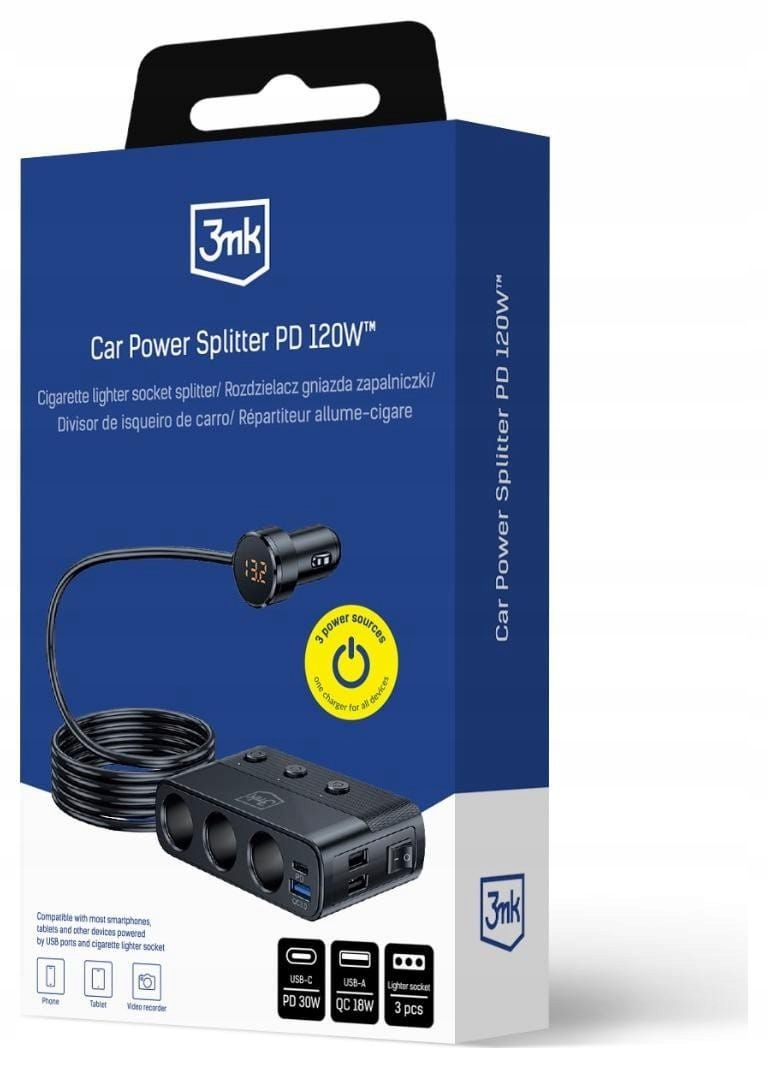 Rozdzielacz gniazda zapalniczki 3mk 120W 4xUSB PD QC do 7 urządzeń