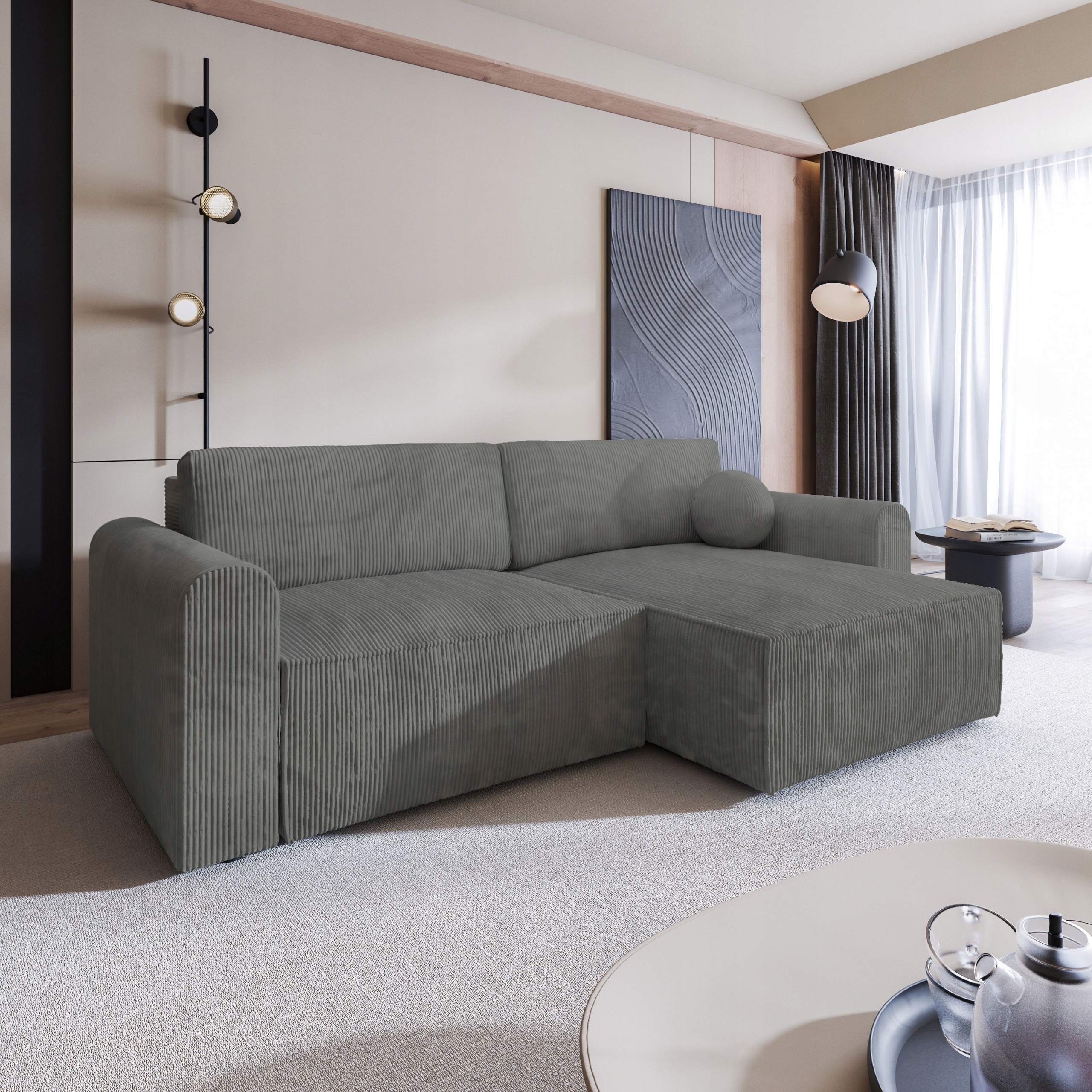 Rohová Sedací Souprava Fiano Funkce Spaní Glamour Sztruks Šedá