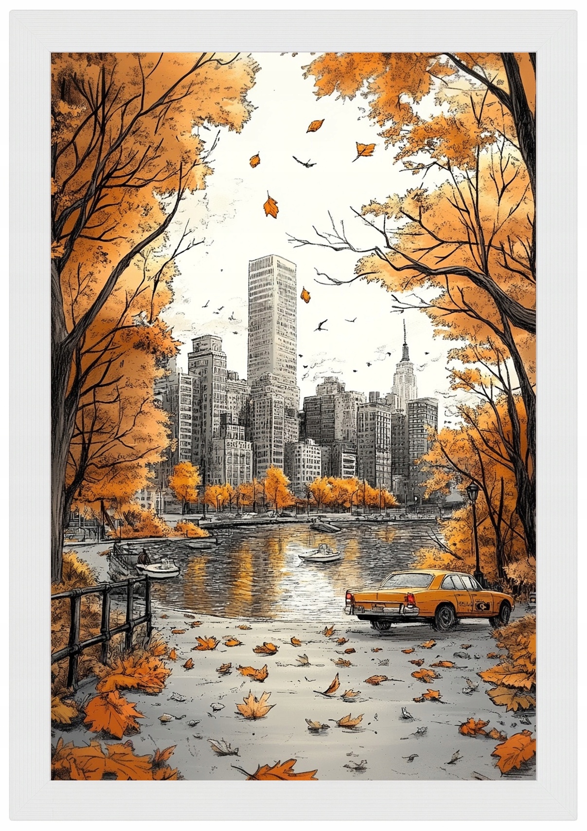 Plakát S Dřevěným Rámeček New York Manhattan Central Park Taxík Podzim 40x60