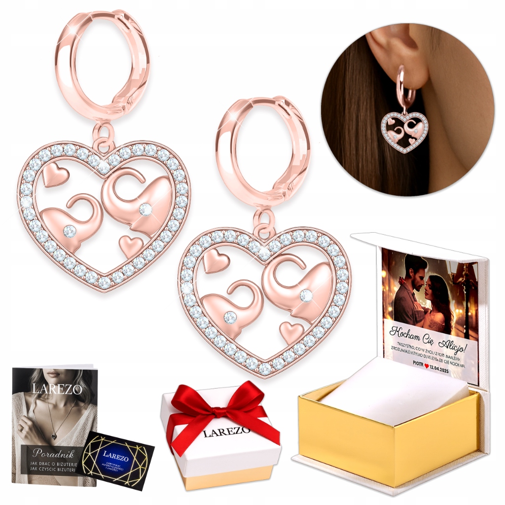 Náušnice Pozlacené 925 srdce se slonem Dámské Srdíčka Slon se zirkony