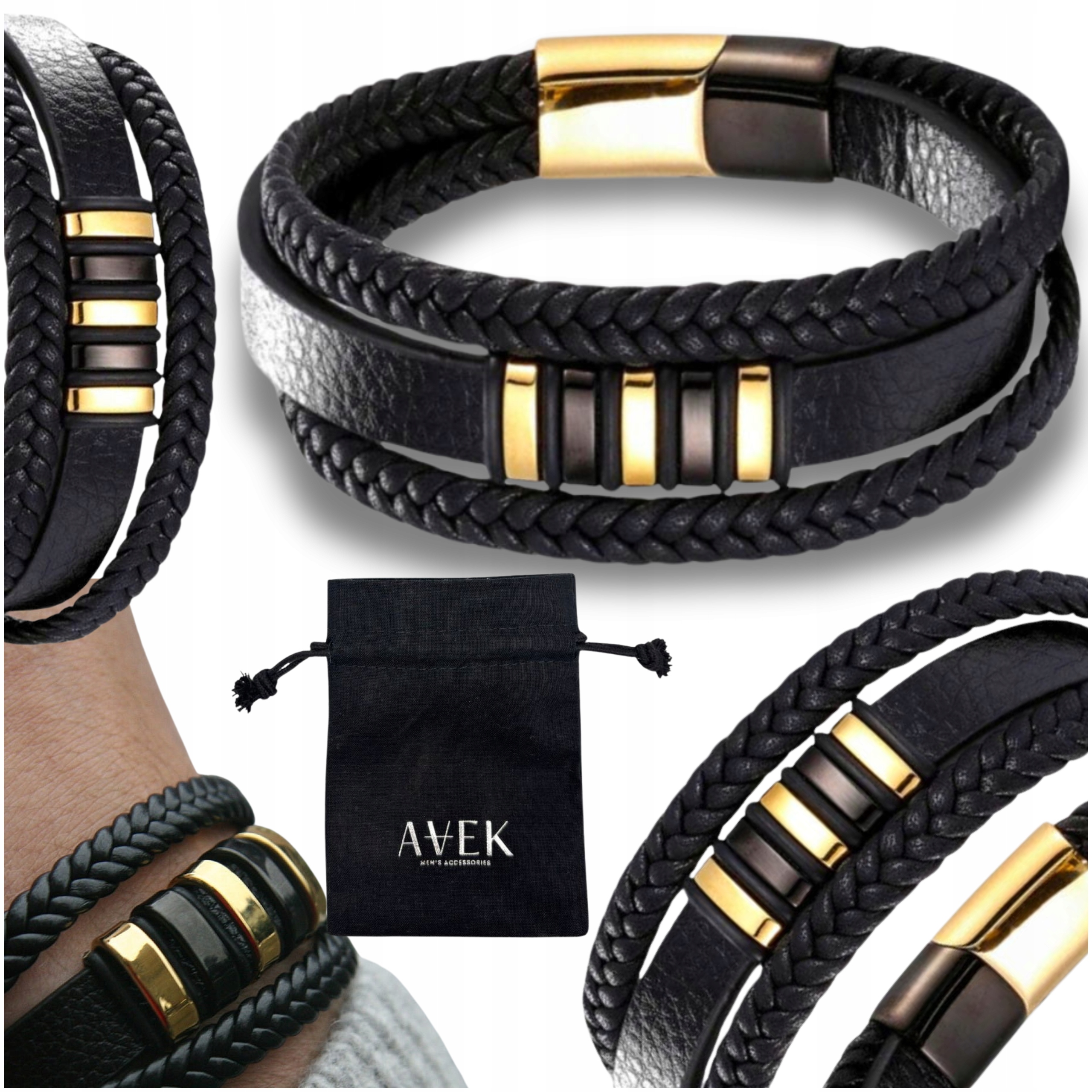 Pánský Náramek Kožený Černý Zlatý Ocelový Ocel Kůže Jako Dárek 19 CM