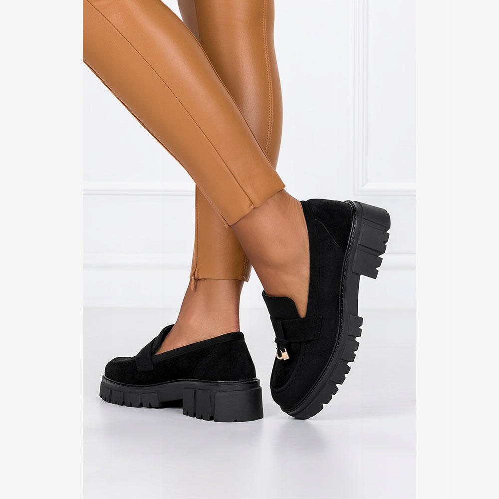 OZDOBNE MOKASYNY PÓŁBUTY DAMSKIE NA PLATFORMIE STABILNE MODNE CZARNE r 40 Rozmiar 40