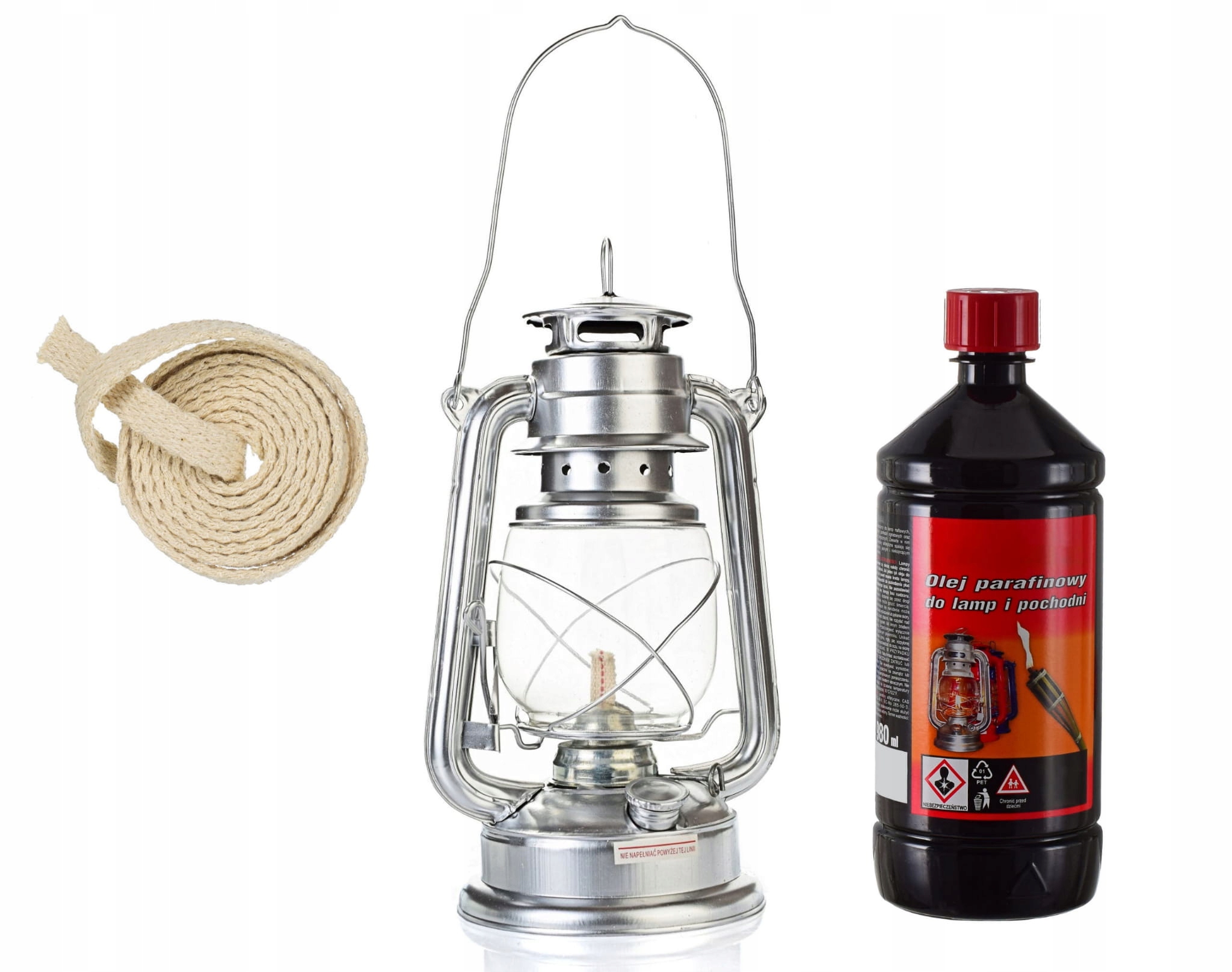 ZESTAW LAMPA NAFTOWA LATARNIA 24CM, OLEJ 980ml+ KNOT SR