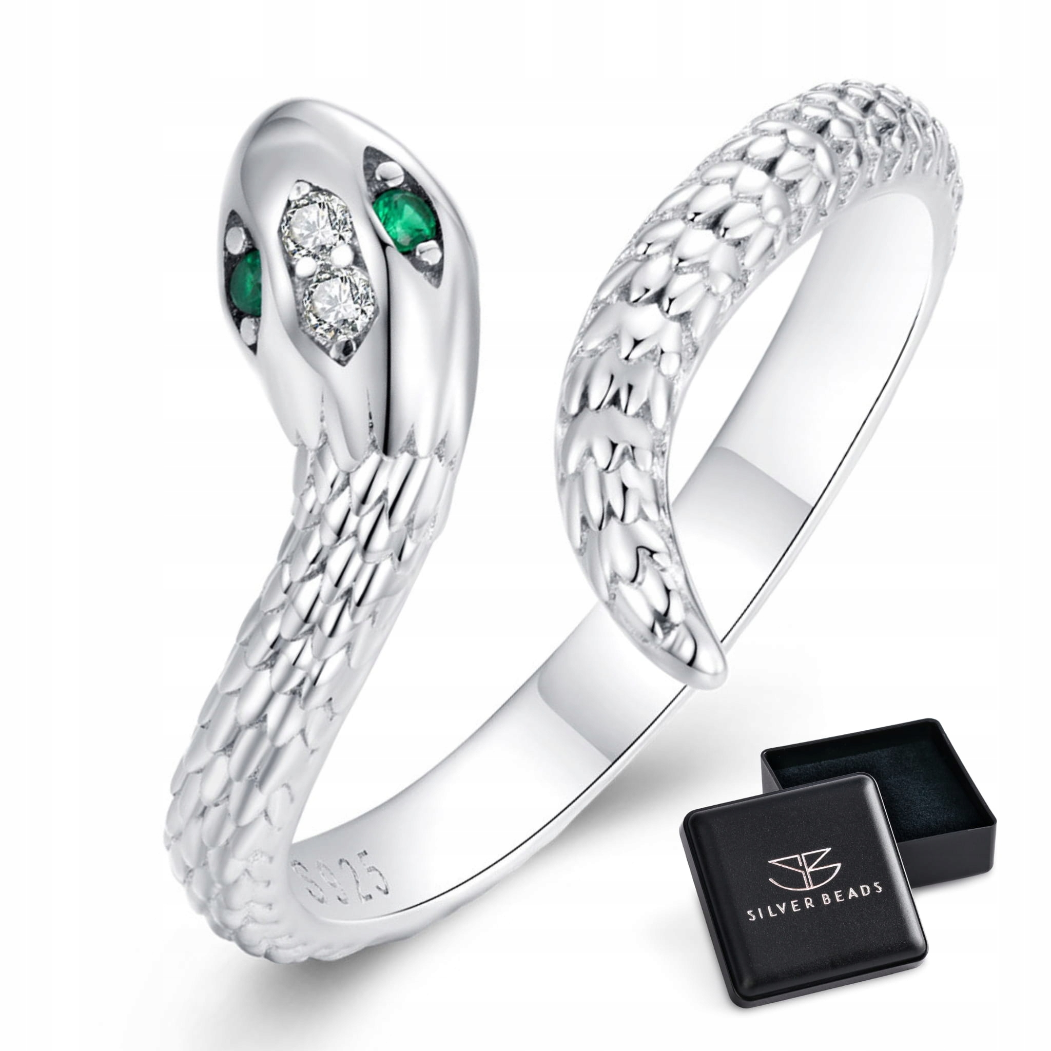 P015U Srebrny pierścionek regulowany zielonooki wąż srebro 925