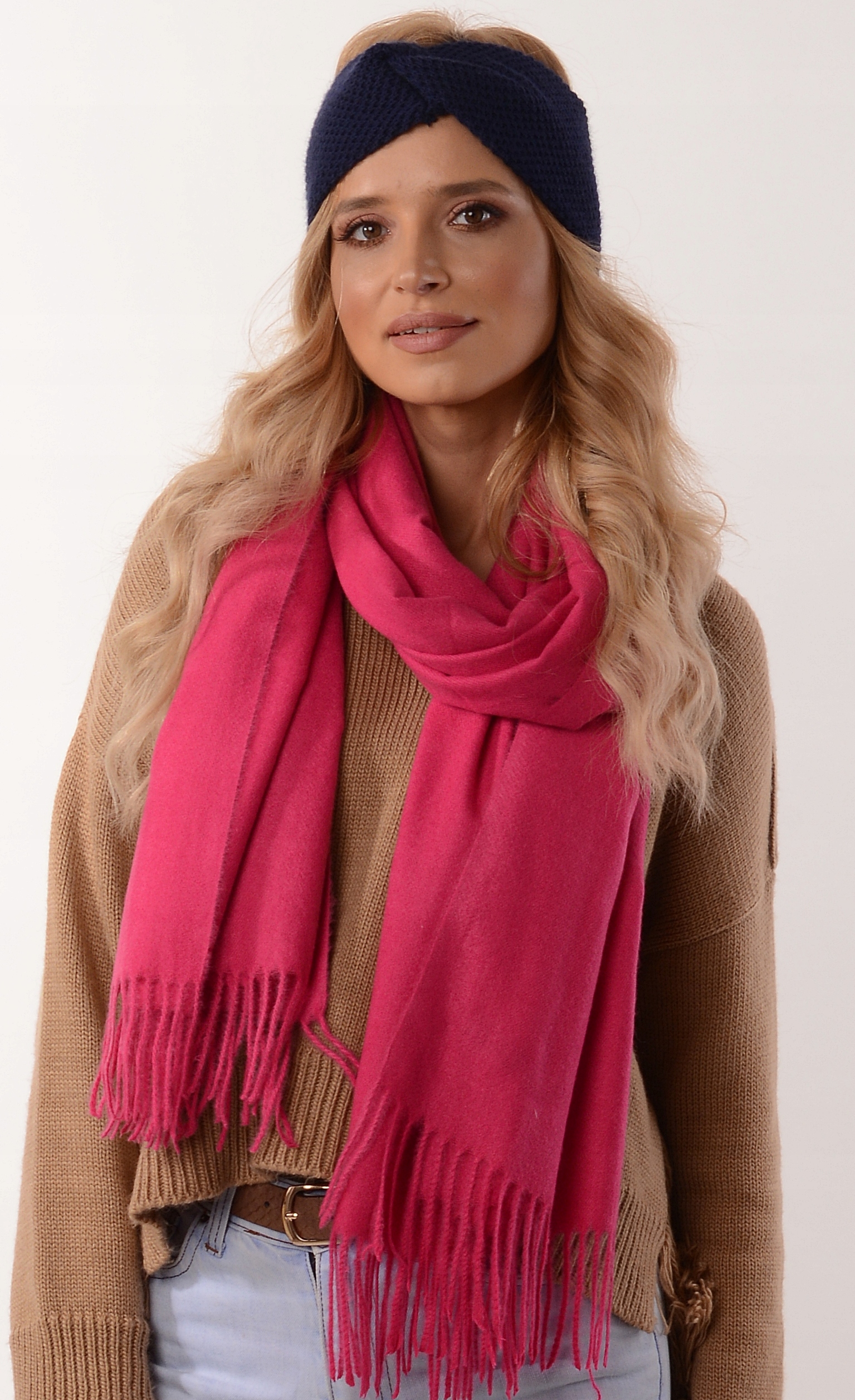 Granatowa klasyczna opaska na zimę BOHO węzeł - O3 Wzór dominujący inny wzór