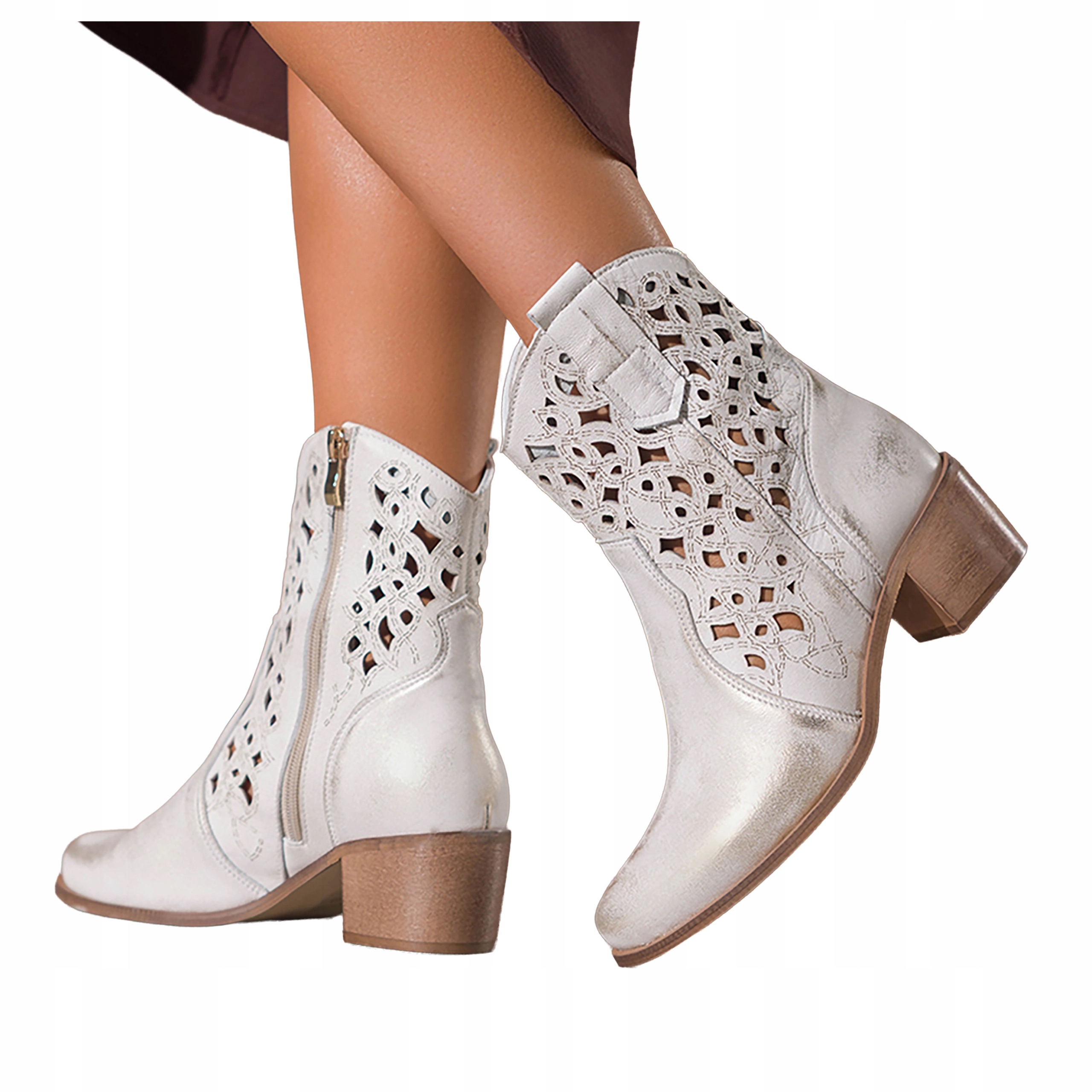Kotníkové Boty Světle béžové Dámské Kožené Kovbojské Boty Ažurové Podpatky Klocek Modne r 40