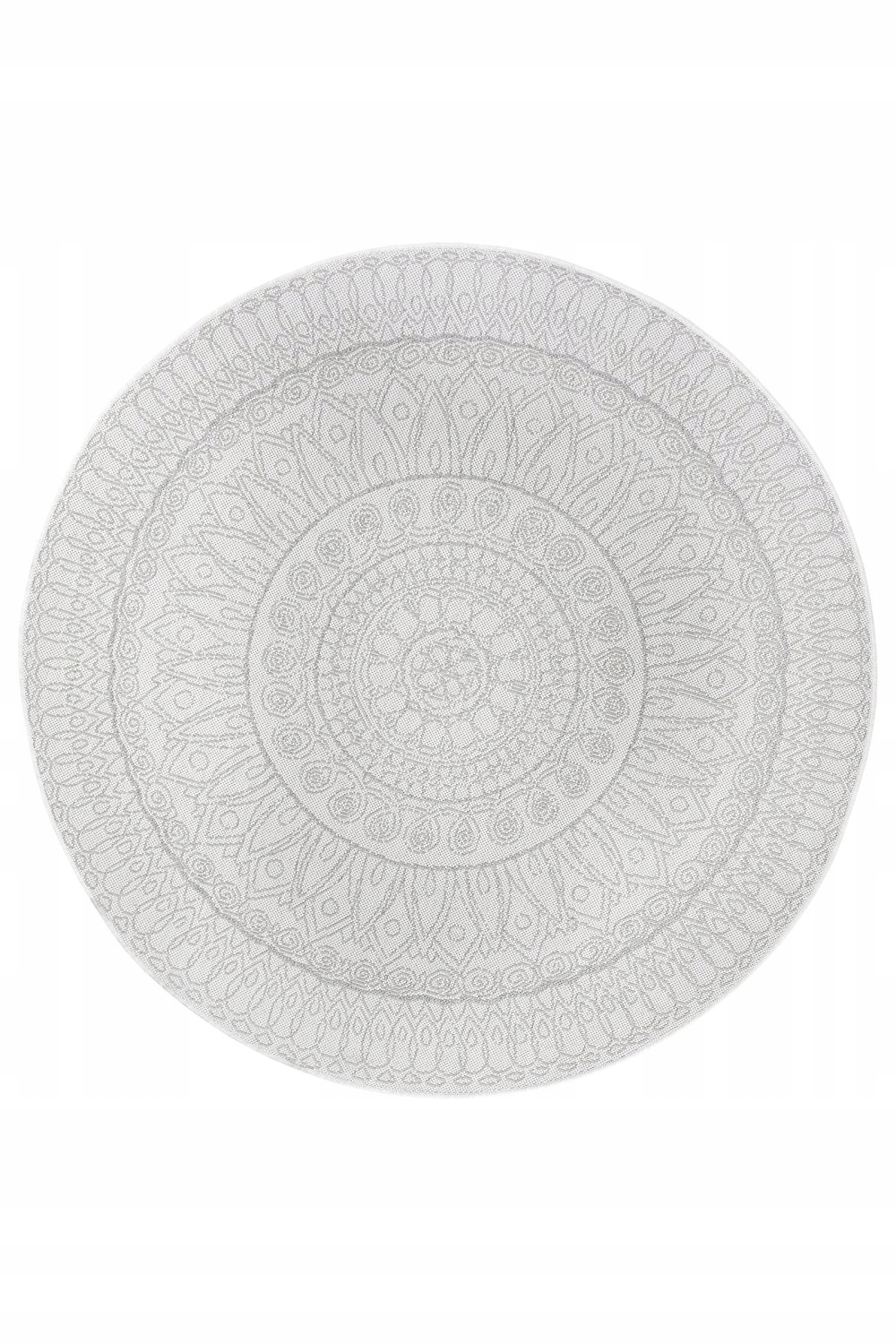 Koberec kulatý na terasu 160 cm, plochý, tkaný šedo krémový boho vzor