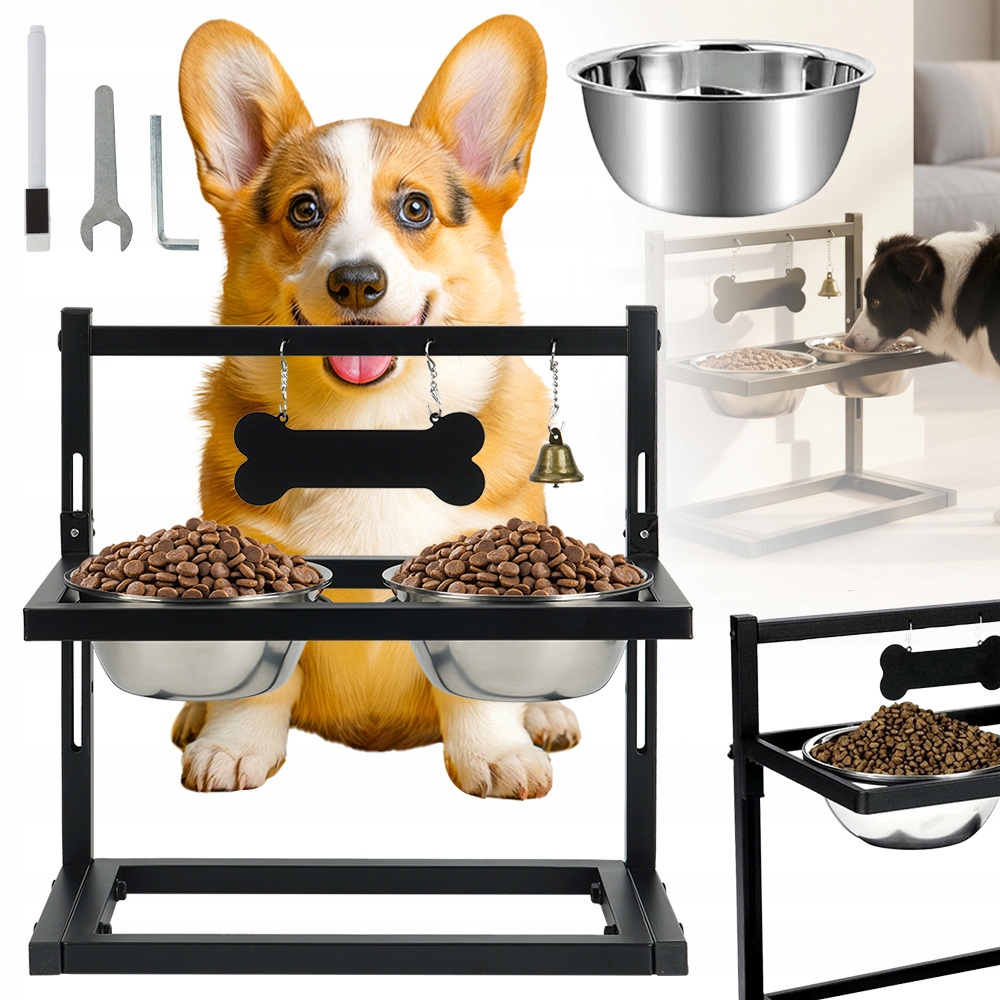 Levně Misky Na Stojanu Pro Psa Kovové Nastavitelné 2X1150 ML Na Krmivo Vodu Černá