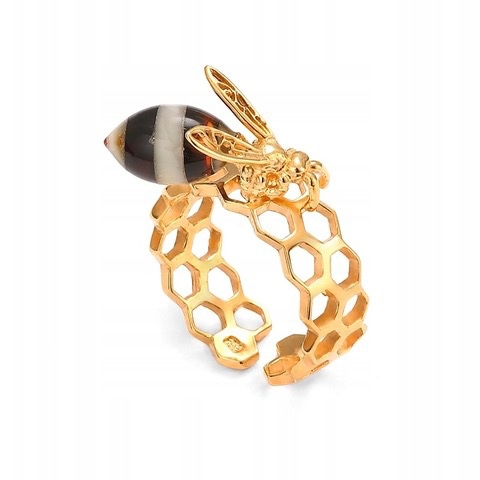 Zlatý Prstýnek S Včelkou Z Jantaru, Stříbro, Pozlacený