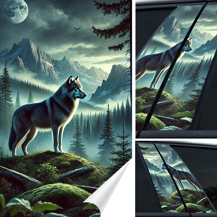 2x Nálepka na sloupky dveří auta Auta Vlk Hory Noc Příroda 50x30