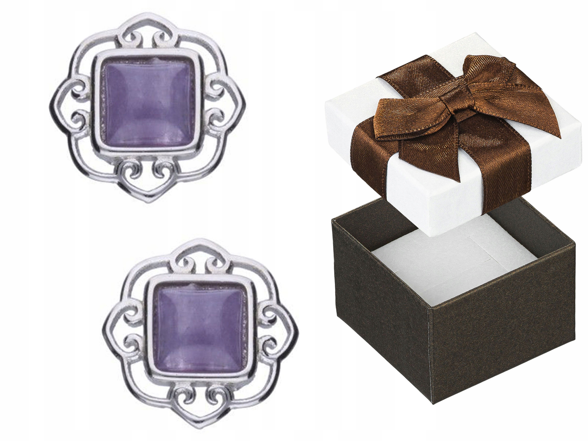 Stříbrné Náušnice Puzety s Přírodním Kamenem Dámské Čtverce Ametyst