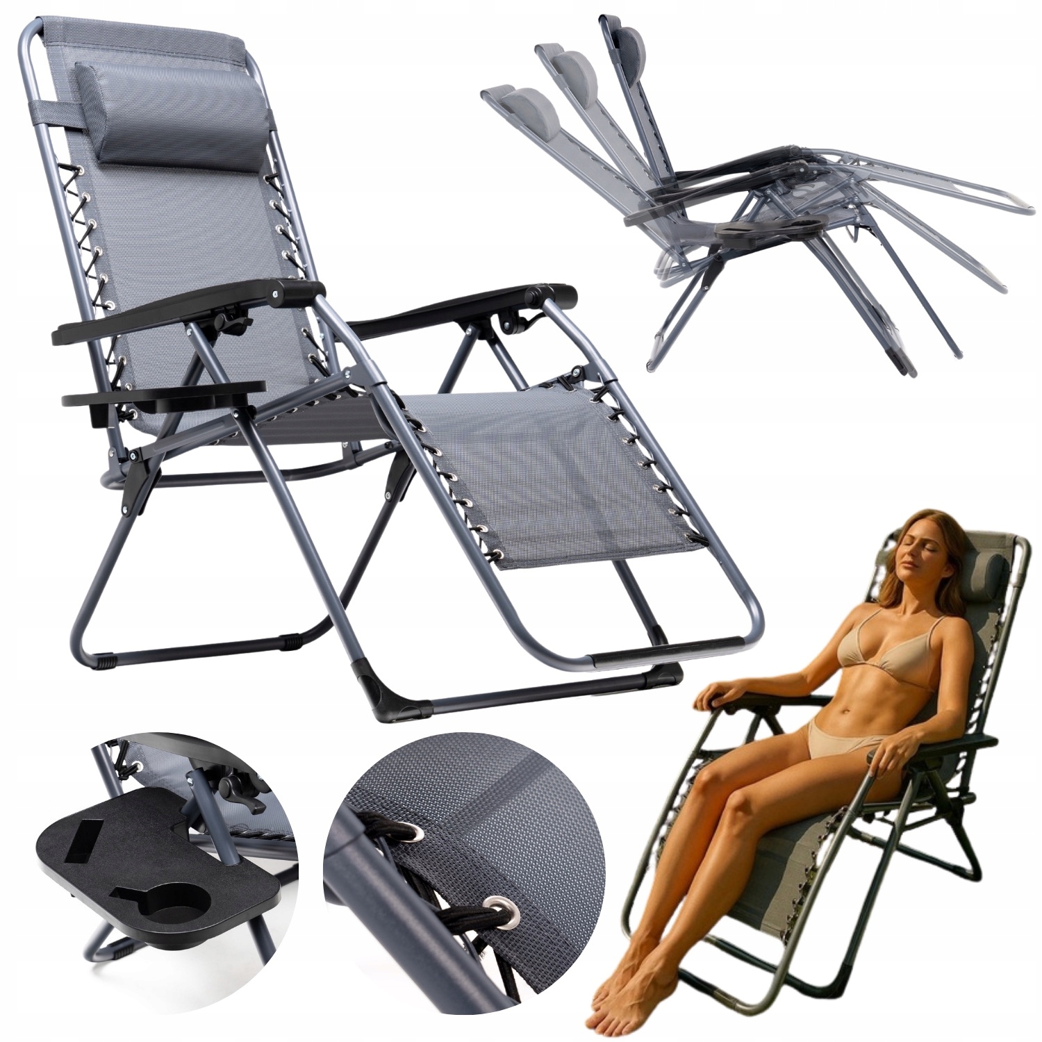 LEŻAK OGRODOWY PLAŻOWY SKŁADANY GRAVITY PODUSZKA UCHWYT NA NAPÓJ SZARY