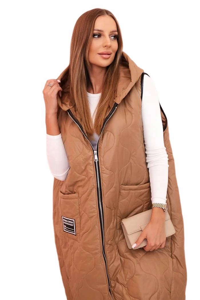 Dámská prošívaná vesta Plus Size s kapucí se zapínáním na zip, camelová