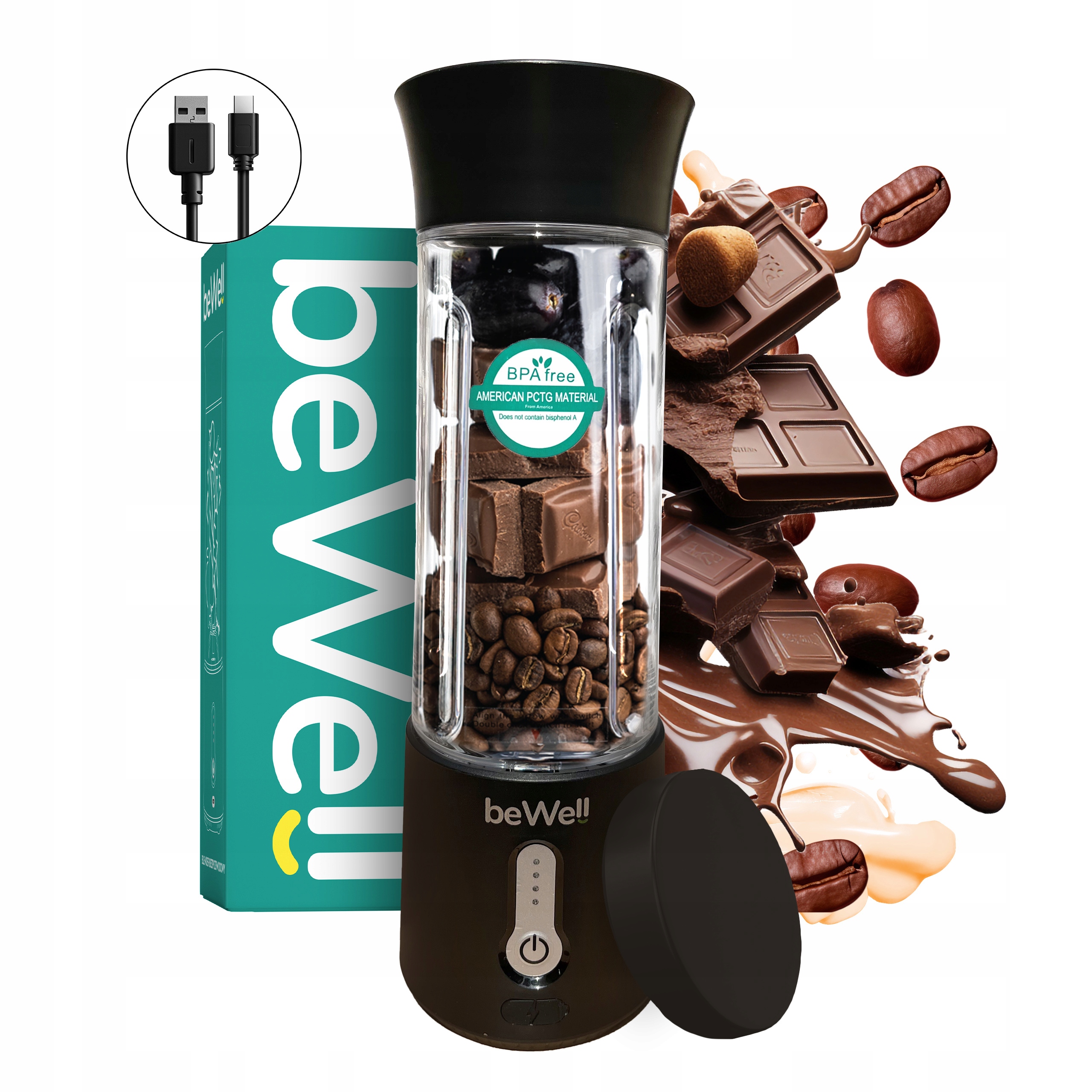 Bezdrátový Mixér beWell Plus 500 ml Do Koktejlů Černý Melí Ořechy