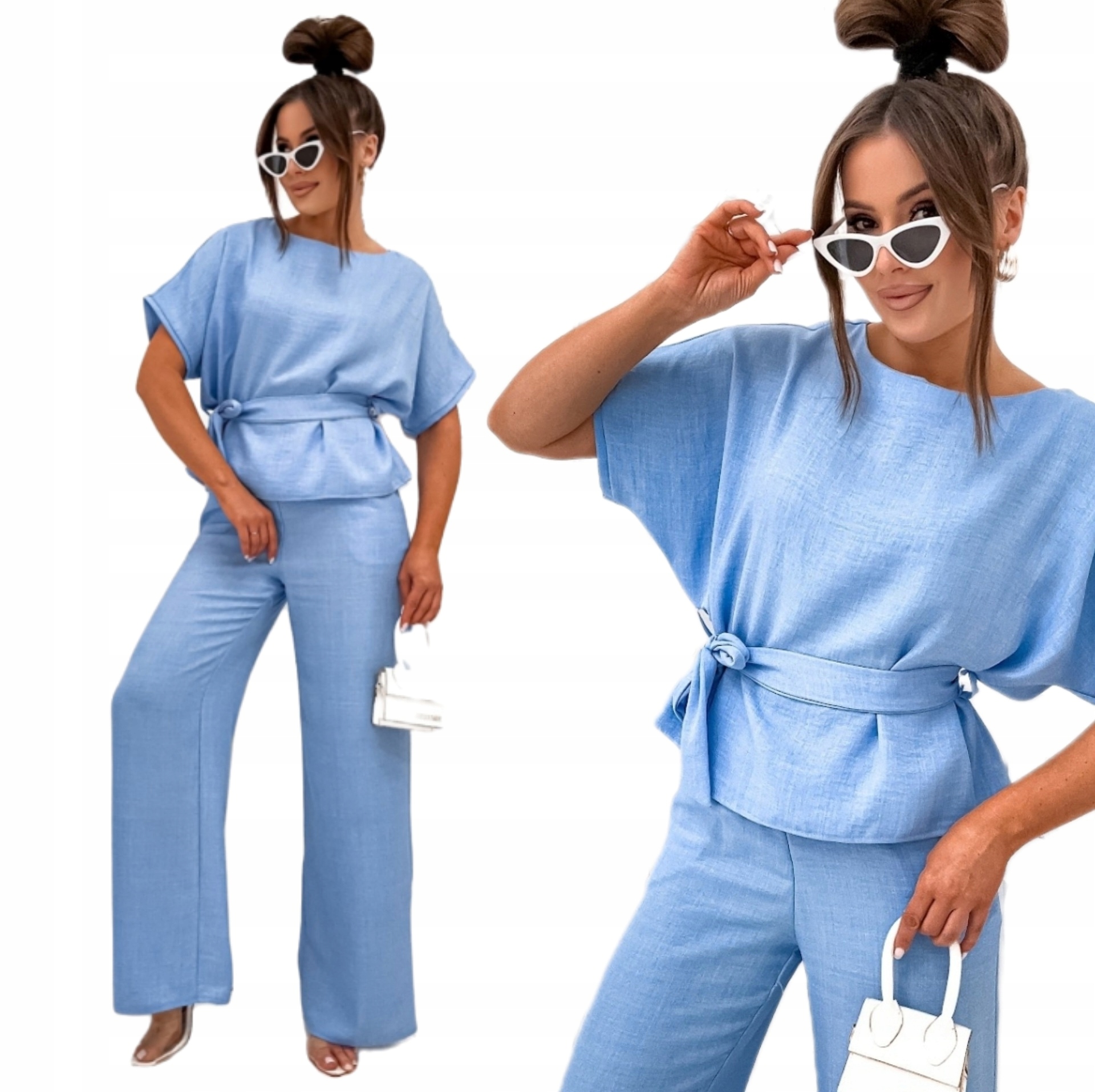 Komplet Damski Imitacja Lnu Bluzka Szerokie Spodnie Błękitny S/m