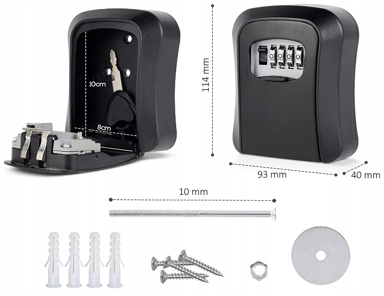 SKRZYNKA NA KLUCZE SZAFKA KASETKA SEJF Z SZYFREM MOCNA SKRYTKA NA ŚCIANĘ Długość zewnętrzna 11.8 cm